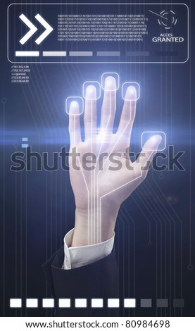 Technology scan man\'s hand for security or identification. Hand with scanner and computer interface
