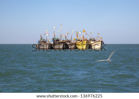 GUJARAT, INDIA - February 27: Colorful fishing boats anchored in the Arabian Sea while a lone seagull flies on the prowl for food amidst blue seas and sky on February 27, 2013 at Bet Dwarka, India