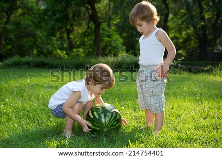 Little Twin Brothers Playing with Watermelon on Green Grass in Summer Park