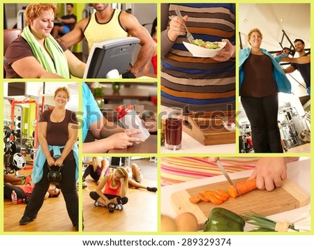 Image mosaic of weight loss, fat woman doing workout, eating healthy, dieting, changing lifestyle.