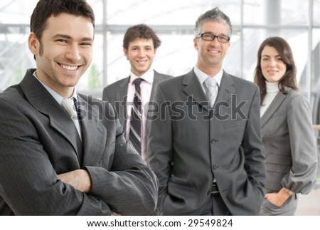 Group Of Four Happy Business People Wearing Gray Suit, Businessman ...