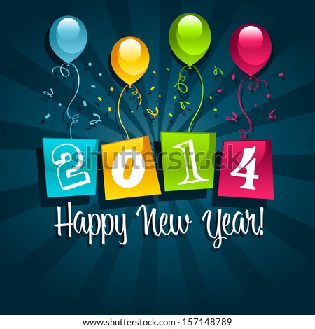 Colorful 2014 new year card with colorful party balloons