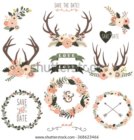 Floral Antlers Collection Stock Vector Illustration 368623466