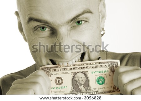 Man with earring biting a dollar bill. Photo colorized green in man's eyes and green on dollar bill.