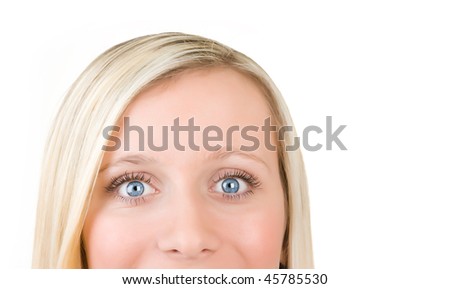 Redheaded woman with green eyes on white background