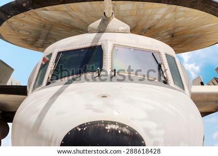 HATZERIM, ISRAEL - APRIL 27, 2015: Northrop Grumman E-2 Hawkeye is an American all-weather, carrier-capable tactical airborne early warning (AEW) aircraft at the museum of the Air Force IDF