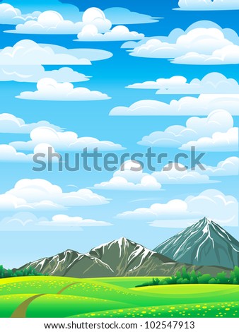 Green summer landscape with meadow, forest and mountains on a blue cloudy sky
