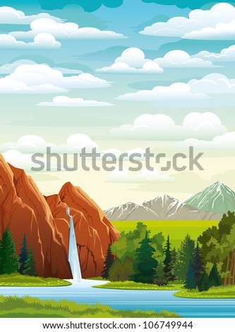 Summer green landscape with beautiful waterfall, forest and mountains on a cloudy sky