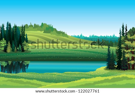 Vector summer landscape with green grass, forest, lake and hill on a blue sky background