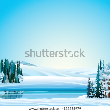 Vector winter landscape. Frozen river, forest and hills on a blue sky background.
