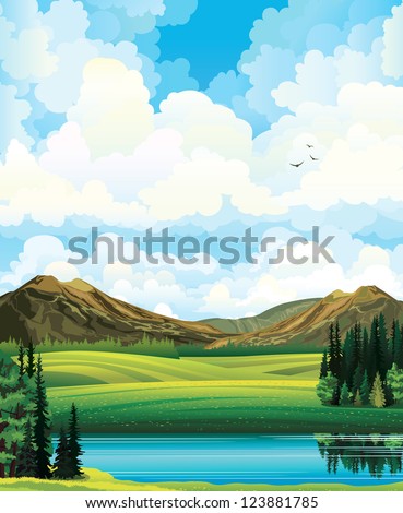Vector summer landscape with green flowering field, forest, mountains and lake on a blue cloudy sky background.