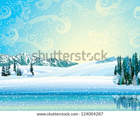 Vector winter landscape with frozen forest, lake and mountains on a snowfall background.