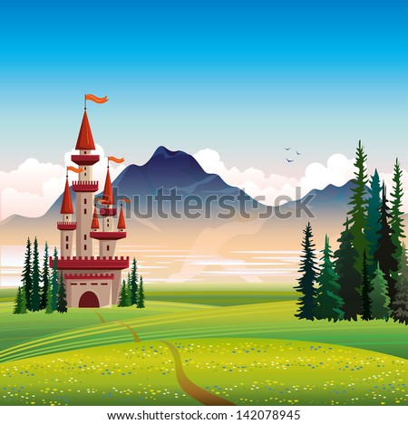 Summer landscape with red castle, green field, spruce and mountain on a blue sky background