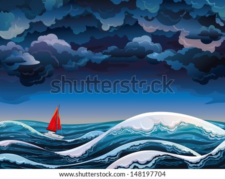 Night seascape with red sailboat and stormy sky