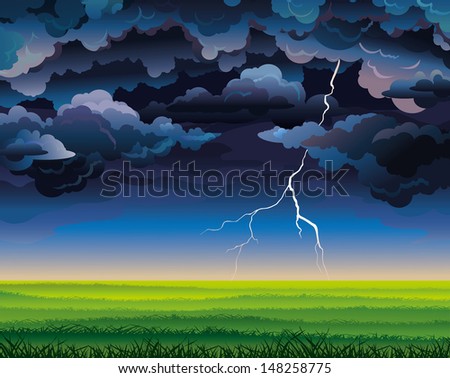 Summer landscape with green field, lightning and stormy sky.