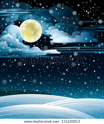 Nature Winter Landscape With Full Moon And Snowfall. Stock Vector ...