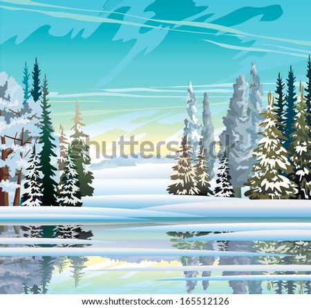 Winter landscape with forest, lake and snowfall.