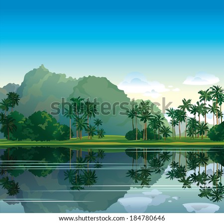 Tropical landscape with lake and palms on a cloudy sky. Nature vector.