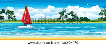 Yacht with red sail crossing on a river. Nature tropical landscape.