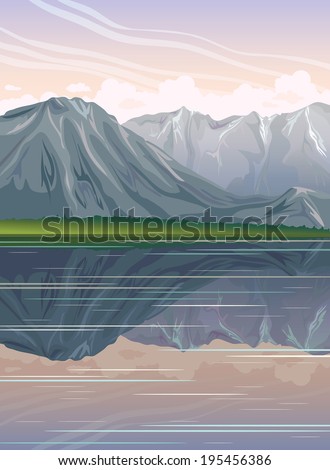 Gray mountains with reflection in the calm lake on a sunrise sky. Nature vector landscape.