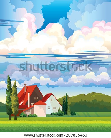 Summer rural landscape - hut with red roof and green meadow on a cloudy sky. Nature vector.