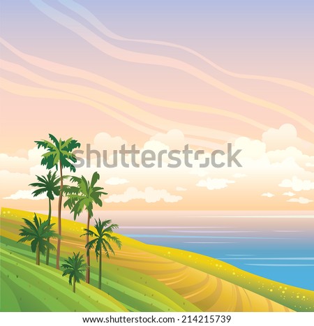 Tropical landscape with coconut trees and blue sea on a sunset sky.