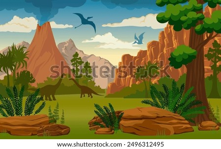 Prehistoric landscape with ancient plants, volcano and silhouette of dinosaurs. Vector illustration.