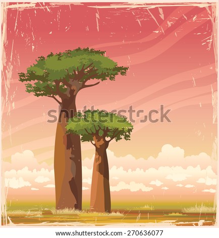 Two baobabs with green foliage on a sunset sky. Nature african landscape. Vector of Madagascar.