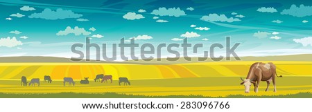Rural summer landscape with cows and green meadow on a blue sky. Vector nature illustration.