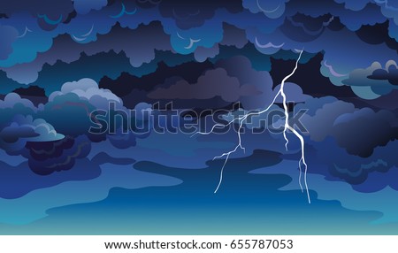 Vector sky scape with blue clouds, dark sky and lightning. Illustration with summer storm.