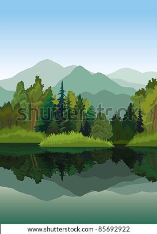 Vector landscape with mountains, green trees and blue lake on a sky background