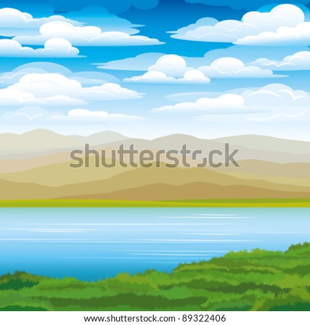 Vector landscape with mountains, green grass and blue lake on a sky background