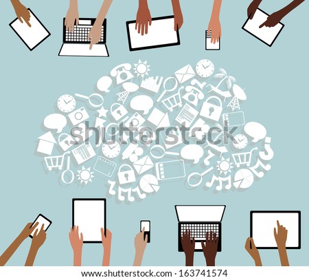 BYOD Distance Remote Learning or Bring your own Device Tablets Icon Cloud and Hands grouped and layered 