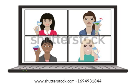 Women hangout and have remote video chat party in house with cocktails champagne and wine glass drinks on laptop screen