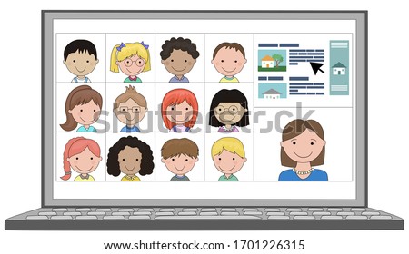 Multi ethnic Class of children distance learn online remotely with teacher and screen cast on laptop school education during coronavirus covid19 lockdown or self isolation