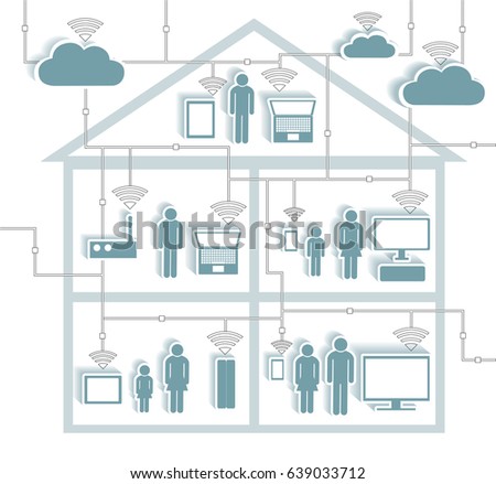 Wifi Internet Connectivity concept - Remote distance learning or work from home Cloud Computing Paper Cutout Stickers with Cutaway Residential House - Grouped and Layered, contains blends
