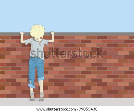 A Poor Boy in Ragged Clothes Looks over a Brick Wall