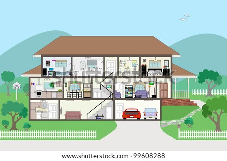 Large Detailed Modern House Interior Cutaway layered & grouped EPS8