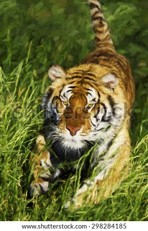 Impressionist art of Bengal Tiger (Panthera tigris tigris) charging through the grass