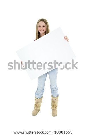 Caucasian child holding a blank sign so you can add your own advertising slogan. She is on a white background.