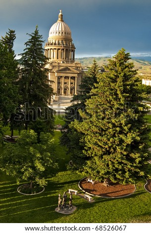 Unique view of the Idaho State Capital with a state of Lewis and Clark in the forground