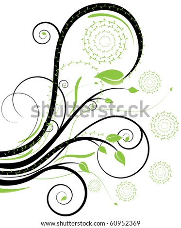 Black and green swirls with circles of leaves on a white background.