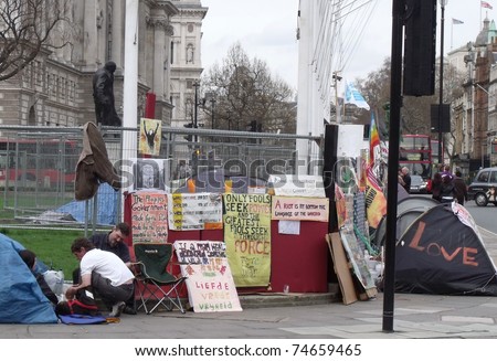 LONDON - 2 APRIL: Anti war demonstrators camp outside the houses of parliament, Westminster, London, April 2, 2011.