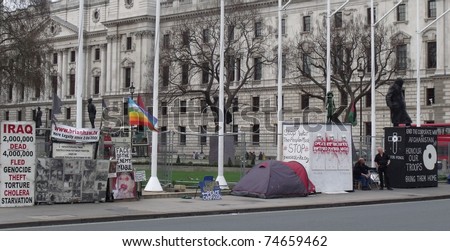 LONDON - 2 APRIL: Anti war demonstrators camp outside the houses of parliament, Westminster, London, April 2, 2011.
