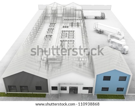 Architectural design of factory with offices, warehouse and shipping service.