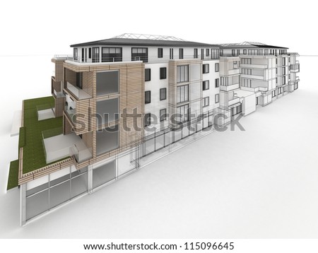apartment building design progress, architecture visualization in mixed drawing and photo realistic style