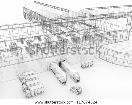 Architecture drawing style visualization of plant with offices and cargo service
