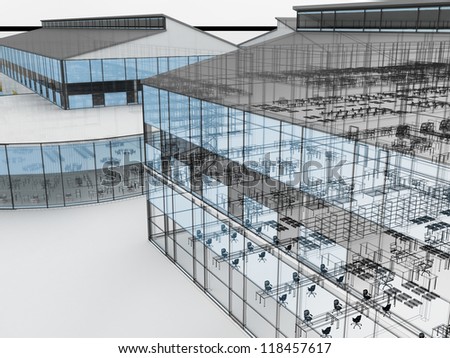 Architecture visualization of plant with offices and fabrication places