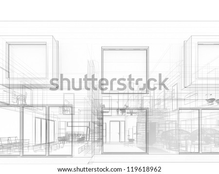 computer generated visualization in drawing style of contemporary box house  - architects and designers project work