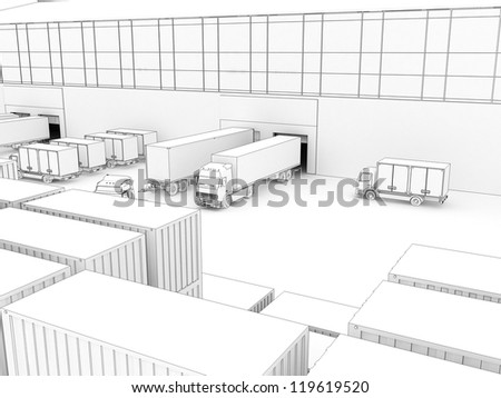 Drawing of small plant with warehouse and loading docks - manufacturing and cargo industry